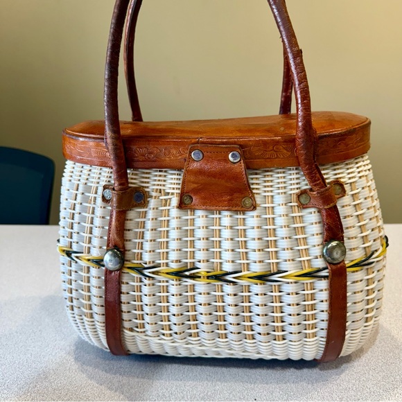 Vintage Travel Woven Wicker White Plastic Handbag Creel Shoulder Bag Antique - Picture 5 of 11